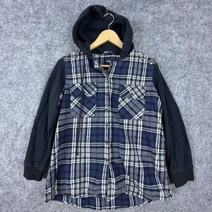 Nollie Hooded Flannel Shirt Hybrid Womens Large Blue Studded Plaid Chest Pocket